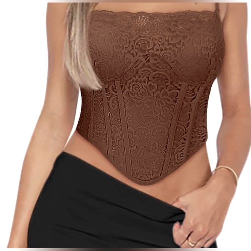 Brown Lace Spaghetti Strap Corset Top